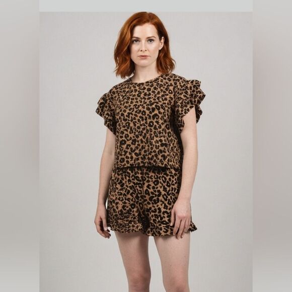 BiBi USA Leopard Print Waffle Texture Layered Ruffle Sleeve Top and Shorts Set - Picture 17 of 17